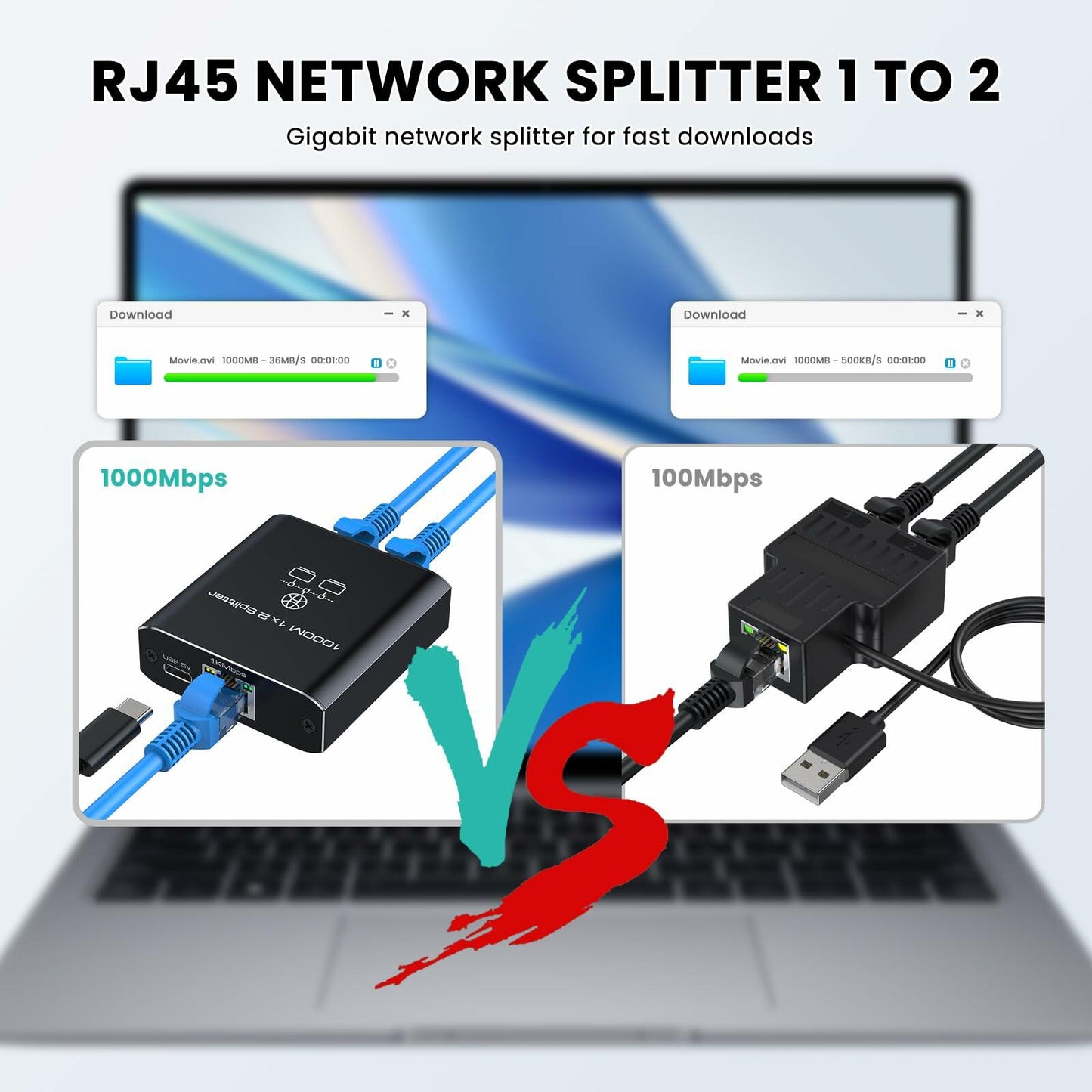 HRSDEIE Ethernet Splitter 1-to-2 Gigabit RJ45 1000Mbps Network LAN Adapter