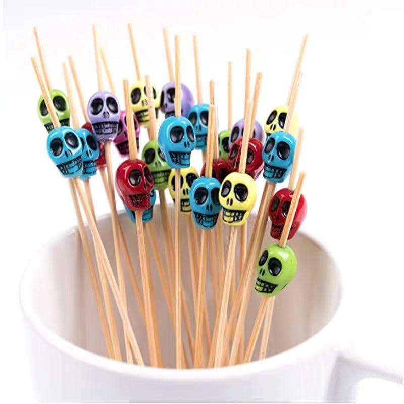 50 Skull Christmas Cocktail Picks Bamboo 4.7in Holiday Appetizer Skewers