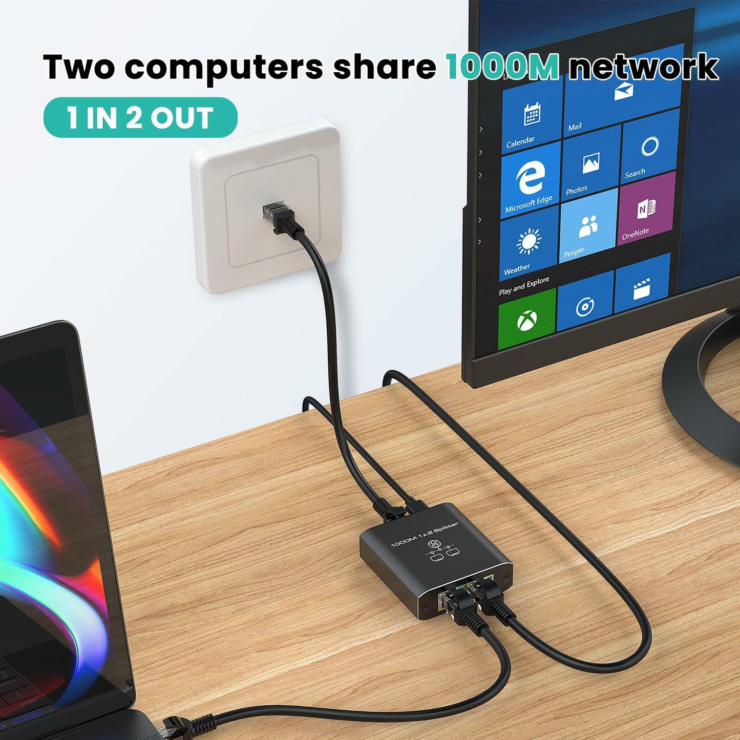 HRSDEIE Ethernet Splitter 1-to-2 Gigabit RJ45 1000Mbps Network LAN Adapter