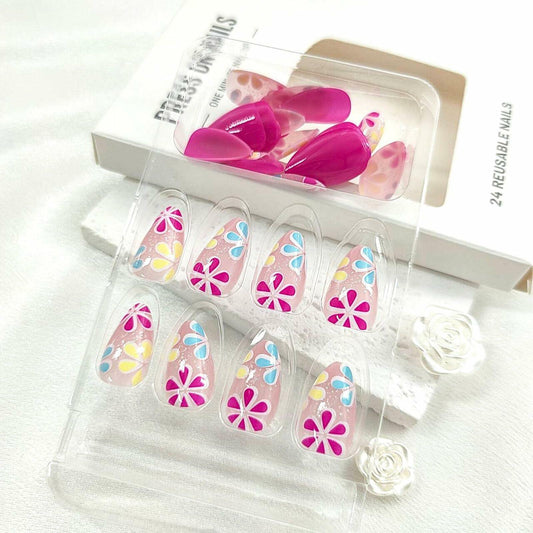 Short Almond Press On Nails Purple Floral Glossy Nude Fake Nails 24PCS