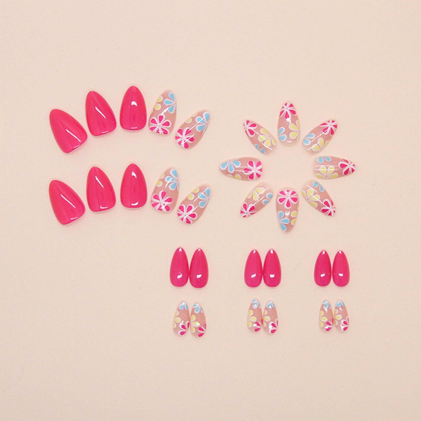 Short Almond Press On Nails Purple Floral Glossy Nude Fake Nails 24PCS