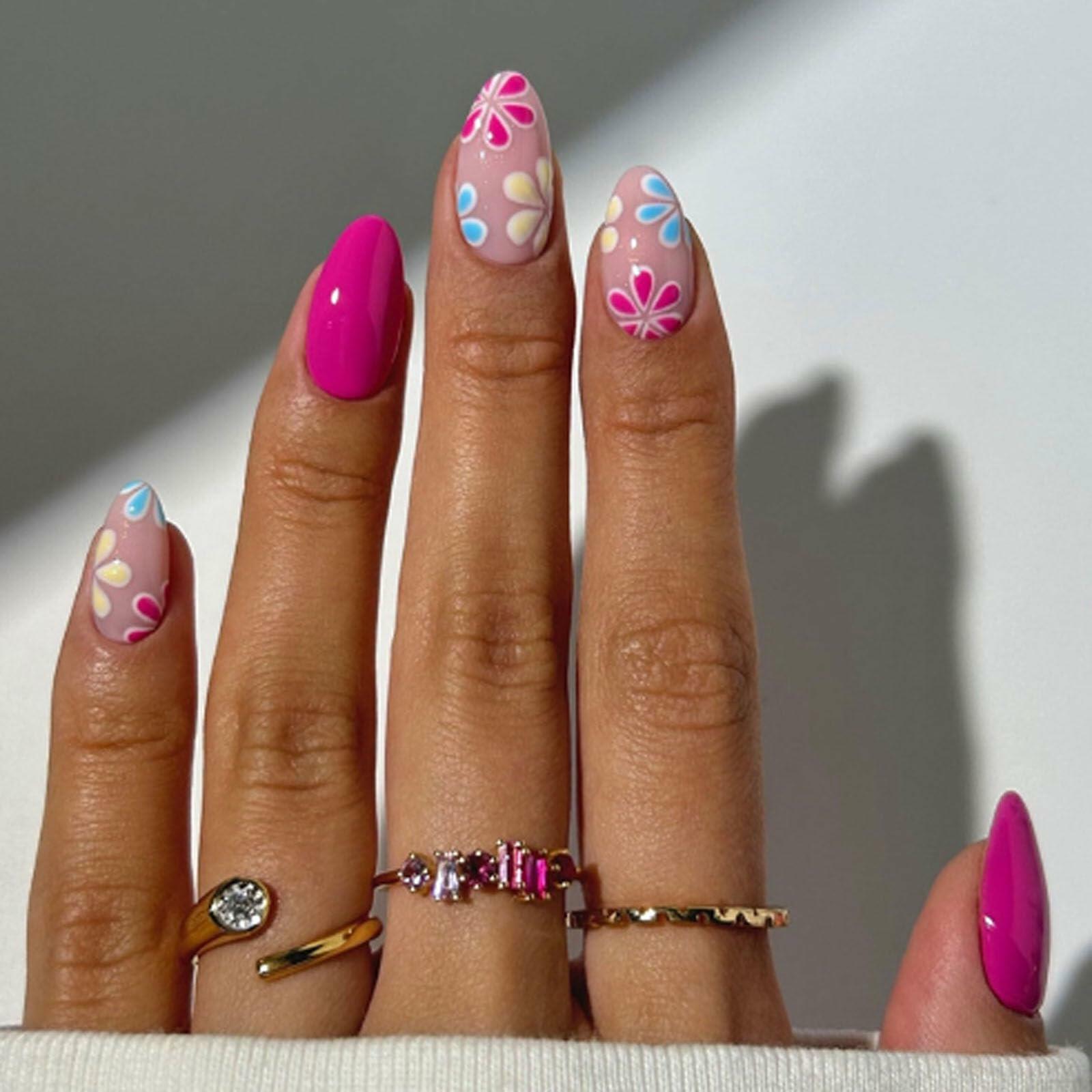 Short Almond Press On Nails Purple Floral Glossy Nude Fake Nails 24PCS