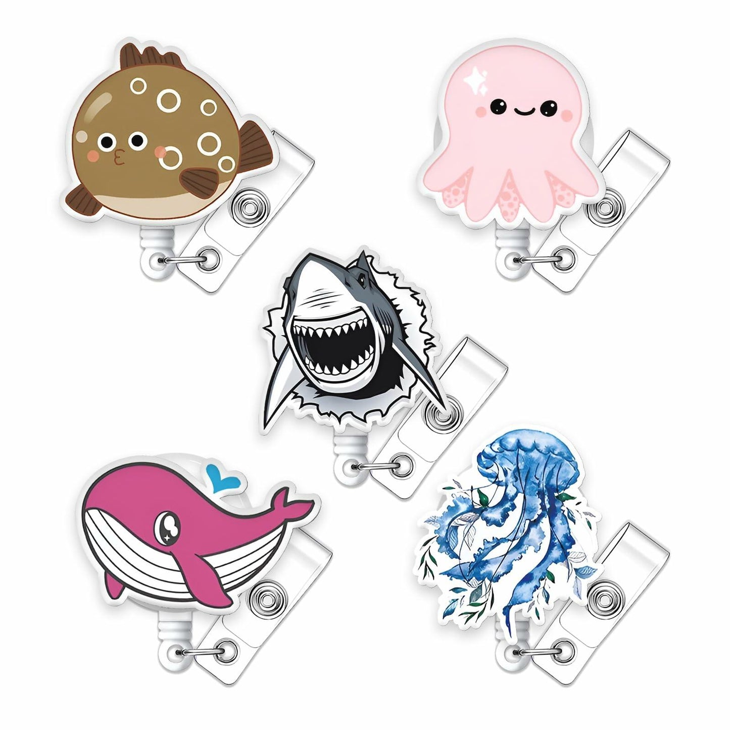 5 Pcs Retractable Badge Reel ID Clip Holder Jellyfish Whale Shark Nurse