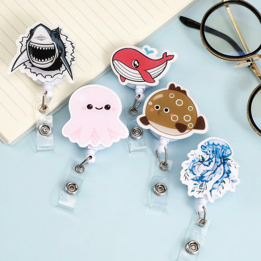 5 Pcs Retractable Badge Reel ID Clip Holder Jellyfish Whale Shark Nurse