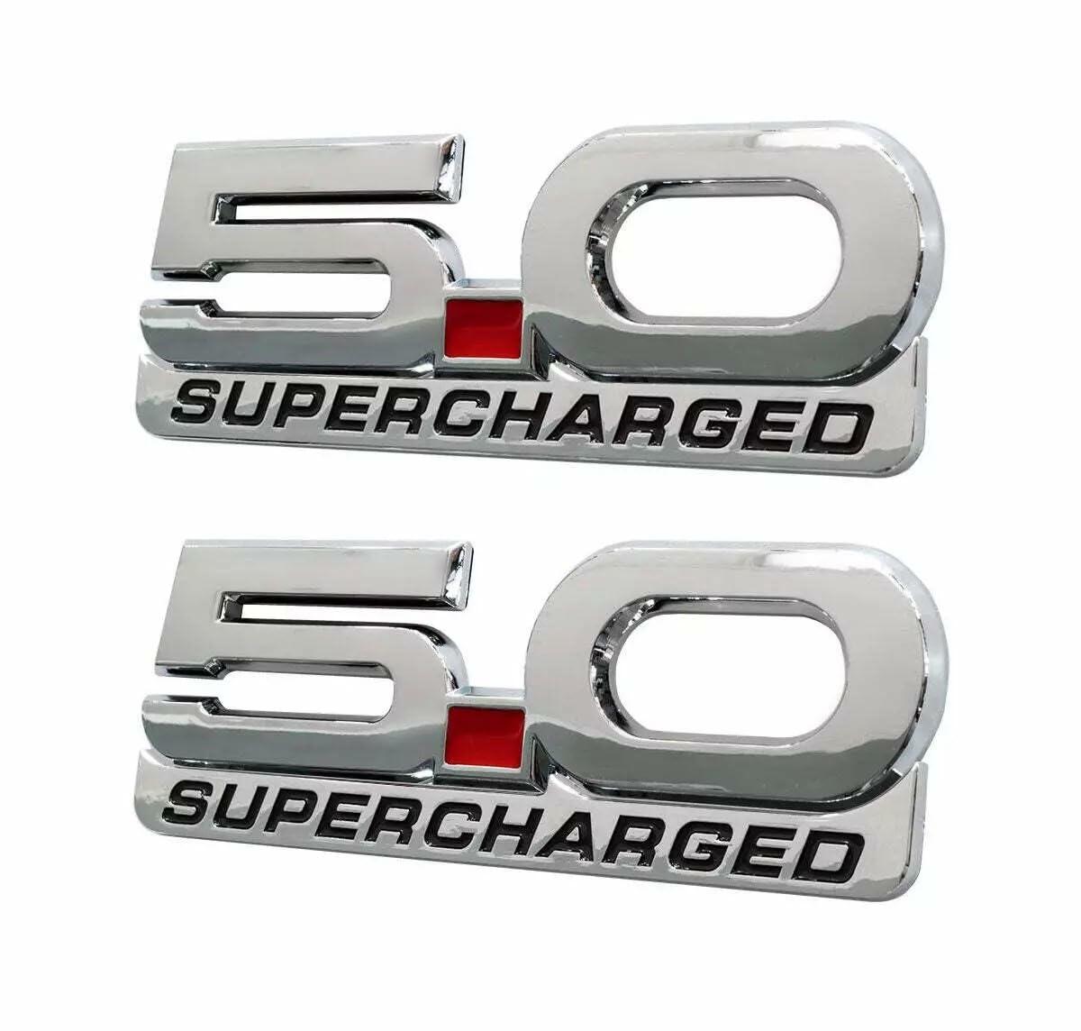 2Pcs 5.0 Supercharged 3D Metal Fender Emblem Badge Decals Mustang 2015-2020