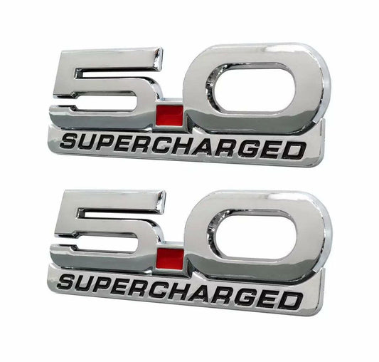 2Pcs 5.0 Supercharged 3D Metal Fender Emblem Badge Decals Mustang 2015-2020