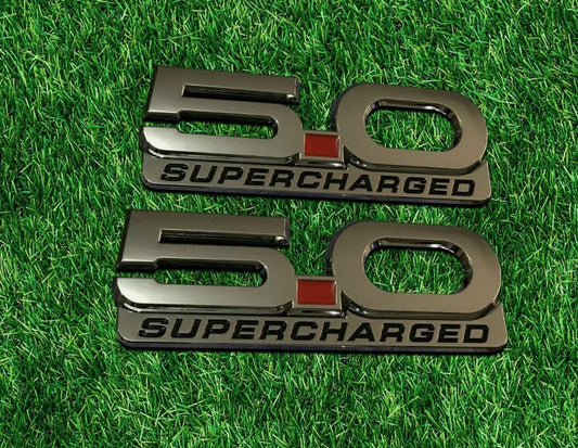 2Pcs 5.0 Supercharged 3D Metal Fender Emblem Badge Decals Mustang 2015-2020