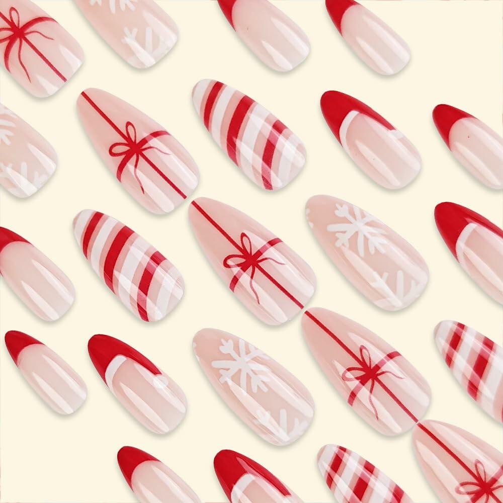 Short Almond Press-On Nails Red French Tip White Snowflake Fake Nails 24PCS