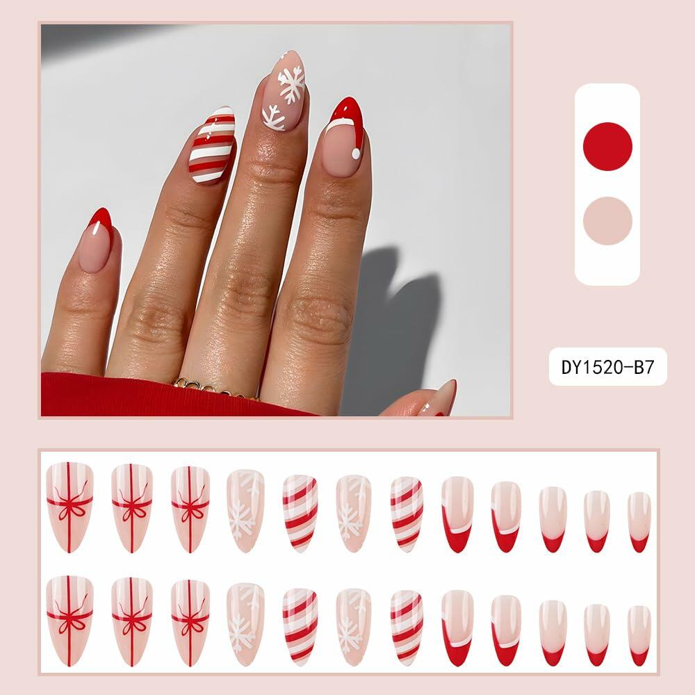 Short Almond Press-On Nails Red French Tip White Snowflake Fake Nails 24PCS