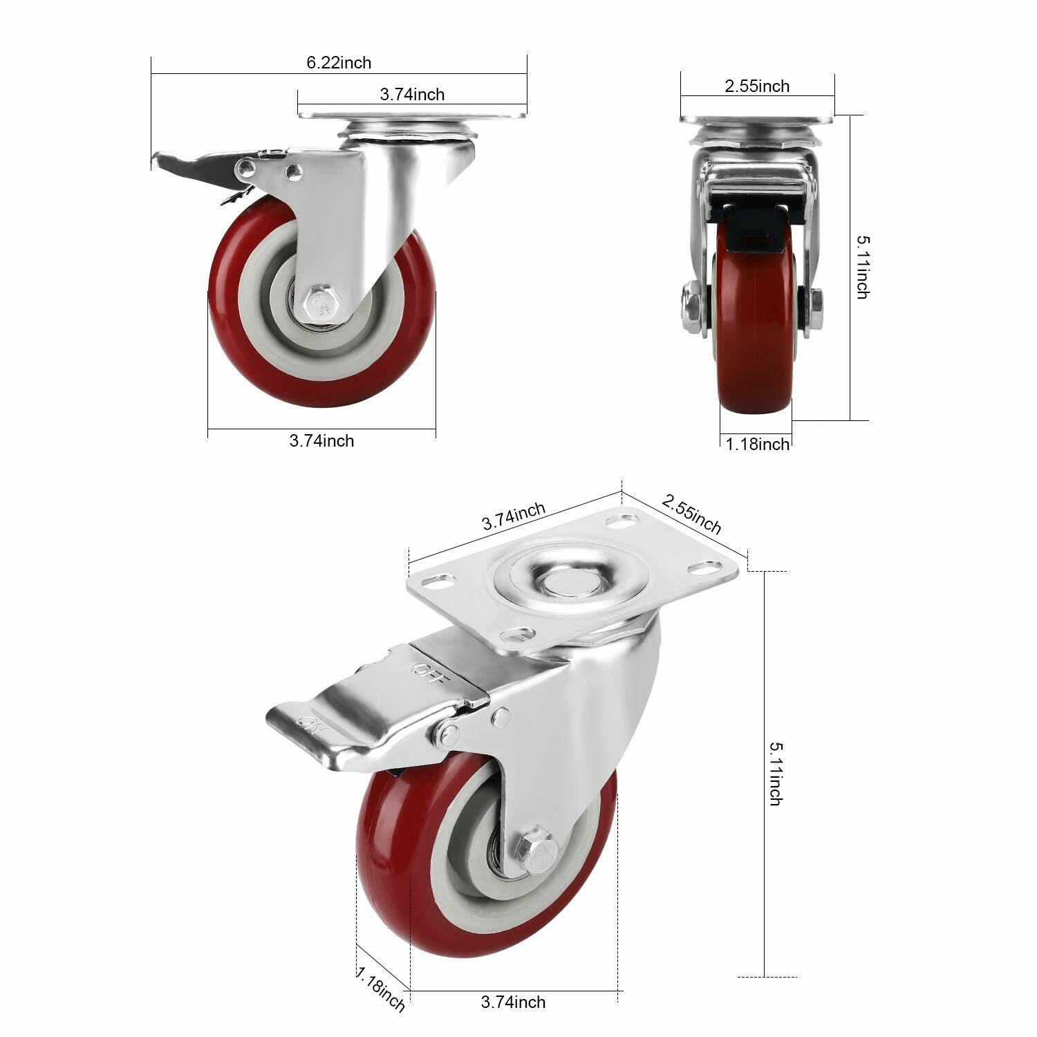 PRITEK 4in Swivel Caster Wheels Heavy Duty 1200lbs Brake 4 Pack
