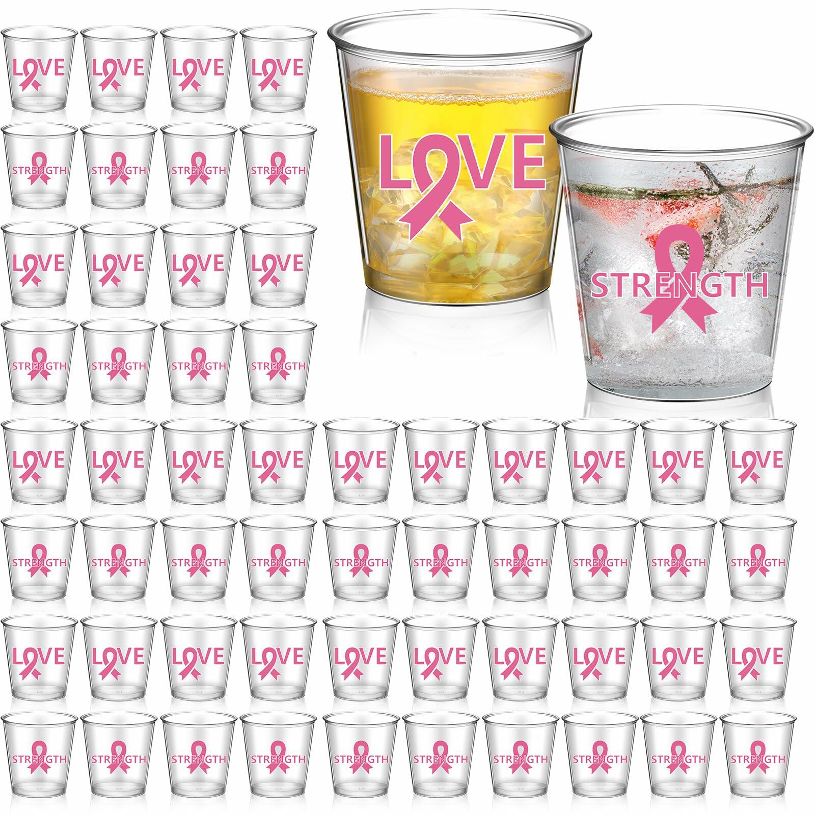 Nuogo Breast Cancer Pink Plastic Shot Glasses 2.87oz 100 Pcs Clear Pink