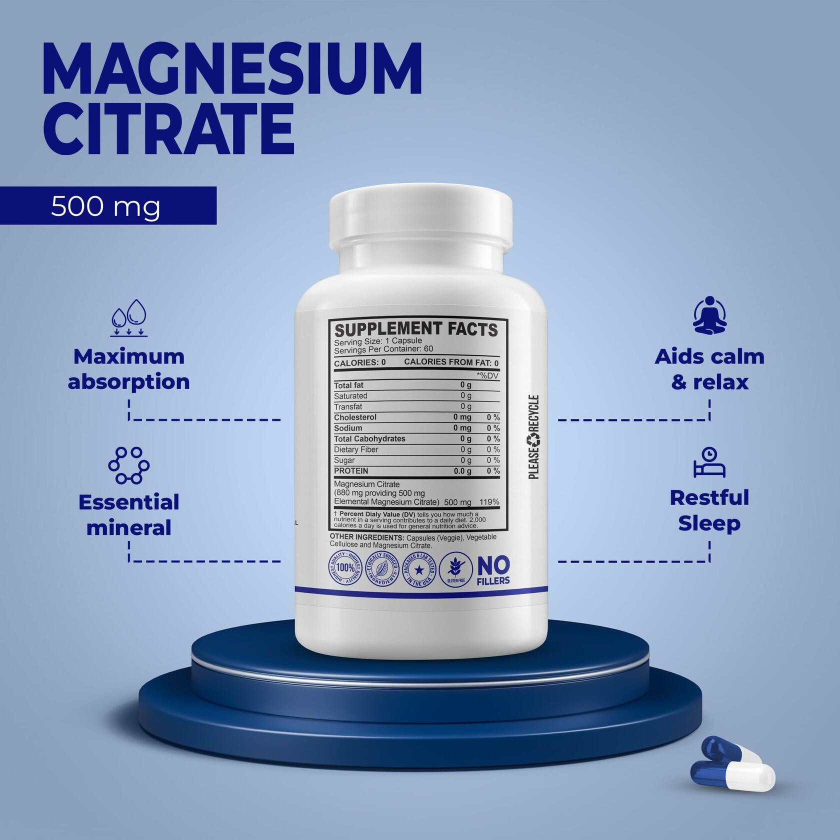 BestBy07/27 MB One Magnesium Citrate 500mg Vegan Non-GMO 60 Caps