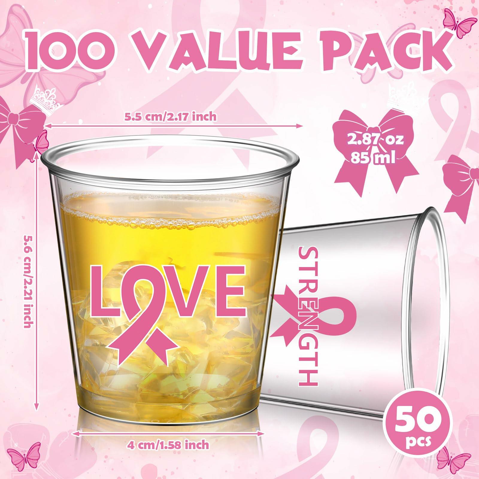 Nuogo Breast Cancer Pink Plastic Shot Glasses 2.87oz 100 Pcs Clear Pink