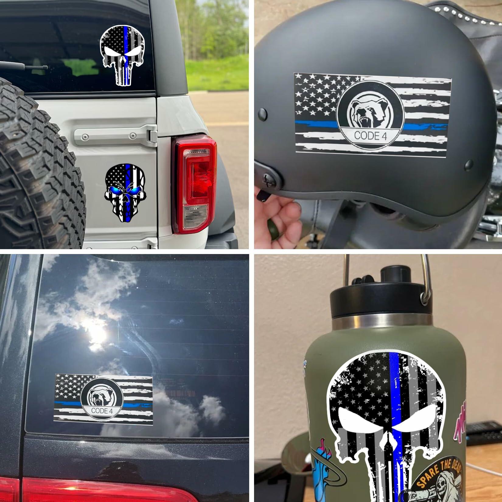 Reflective Back The Blue Line Lives Matter Flag Car Sticker Black Skull