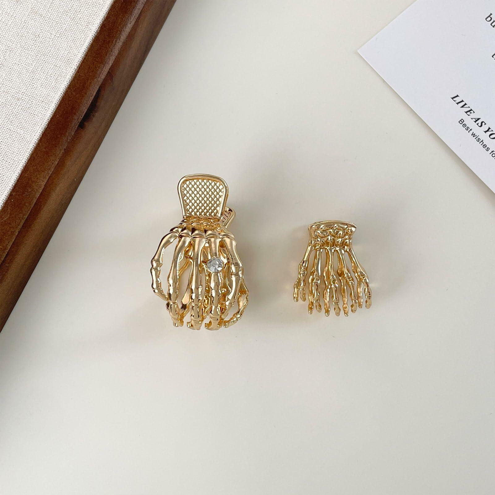 enophe 2PCS Y2K Skull Gold Metal Hair Claw Clips Mini Small Strong Hold
