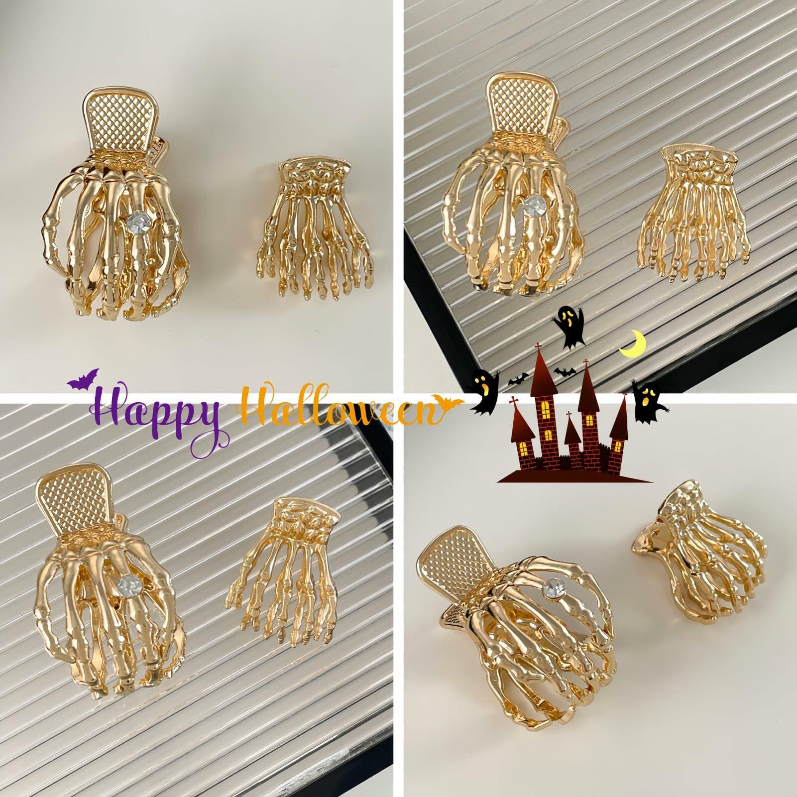 enophe 2PCS Y2K Skull Gold Metal Hair Claw Clips Mini Small Strong Hold
