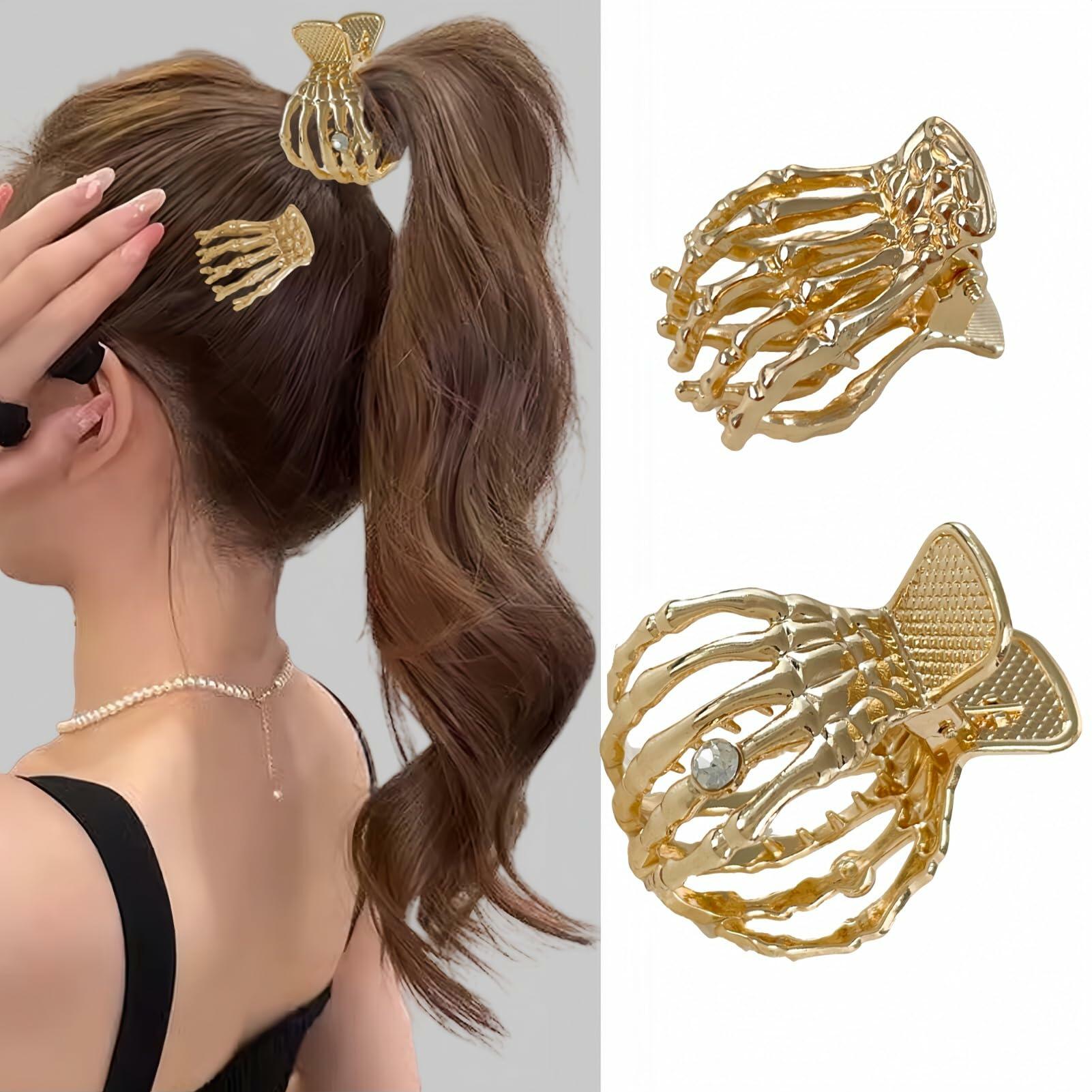 enophe 2PCS Y2K Skull Gold Metal Hair Claw Clips Mini Small Strong Hold