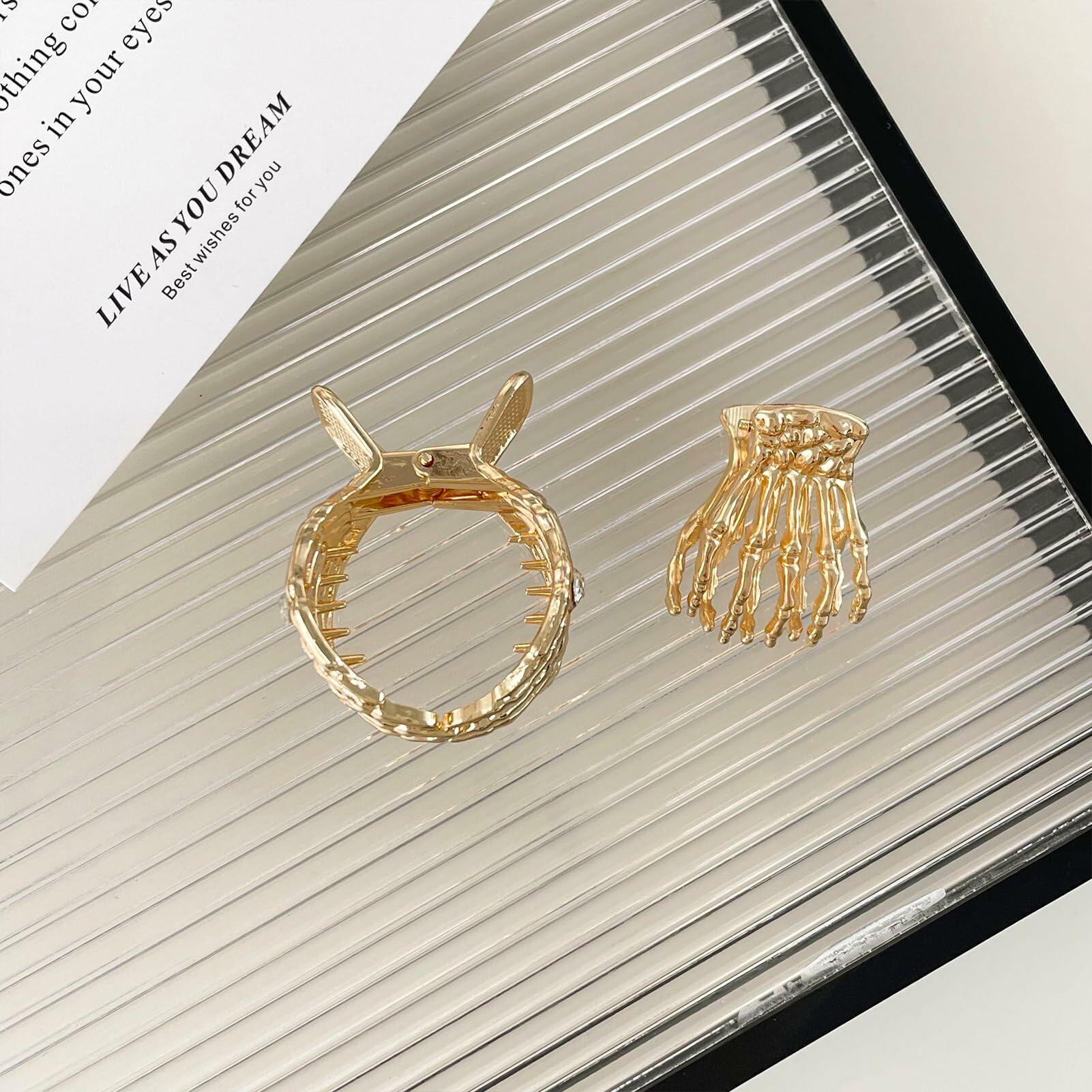 enophe 2PCS Y2K Skull Gold Metal Hair Claw Clips Mini Small Strong Hold