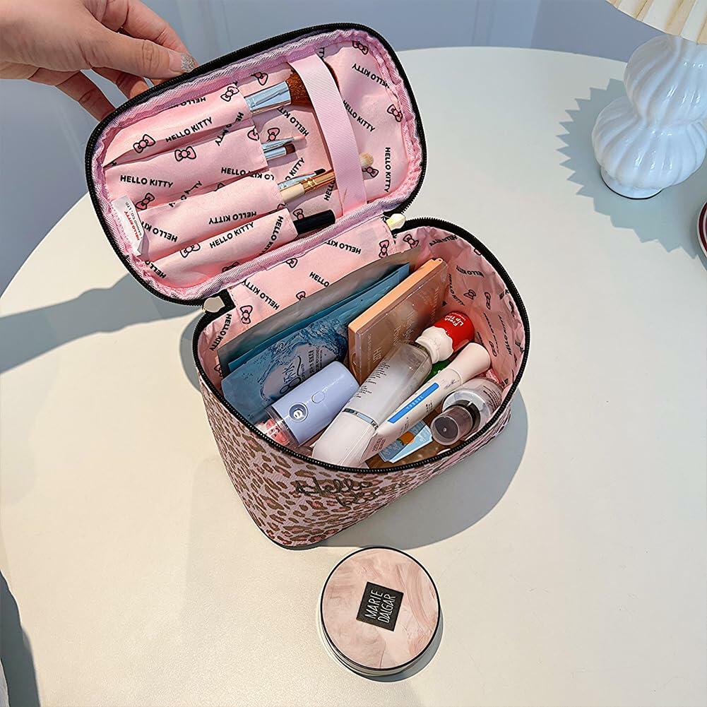 Vokover Kawaii Pink Makeup Bag, Large Capacity PU Cosmetic Bag with Double Cute