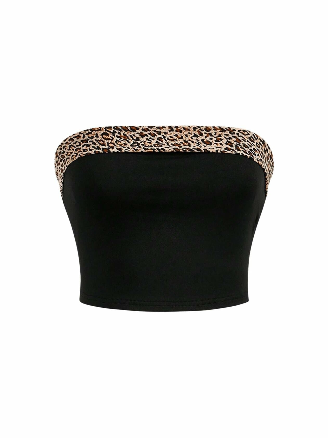 BEAUDRM Women's Leopard Crop Tube Top Strapless Sleeveless Black Size L