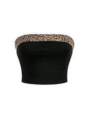 BEAUDRM Women's Leopard Crop Tube Top Strapless Sleeveless Black Size L