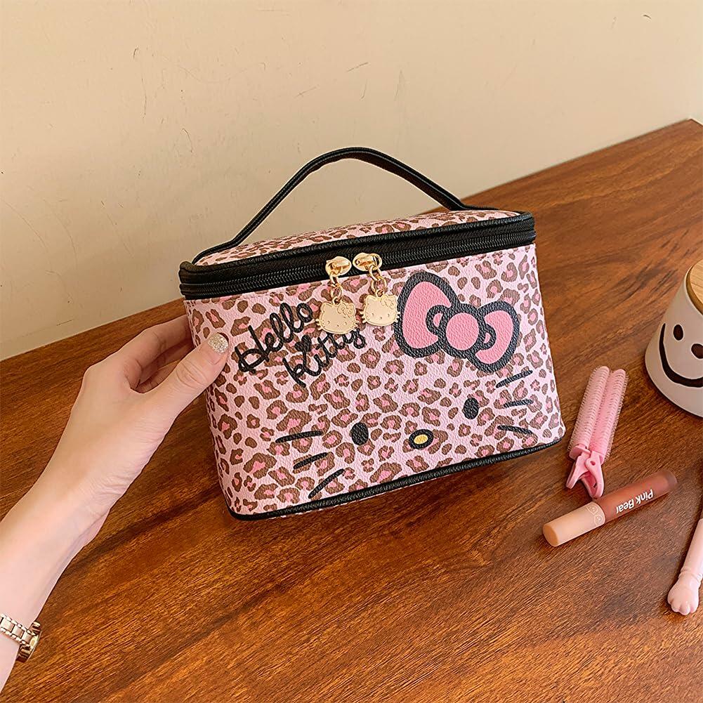 Vokover Kawaii Pink Makeup Bag, Large Capacity PU Cosmetic Bag with Double Cute