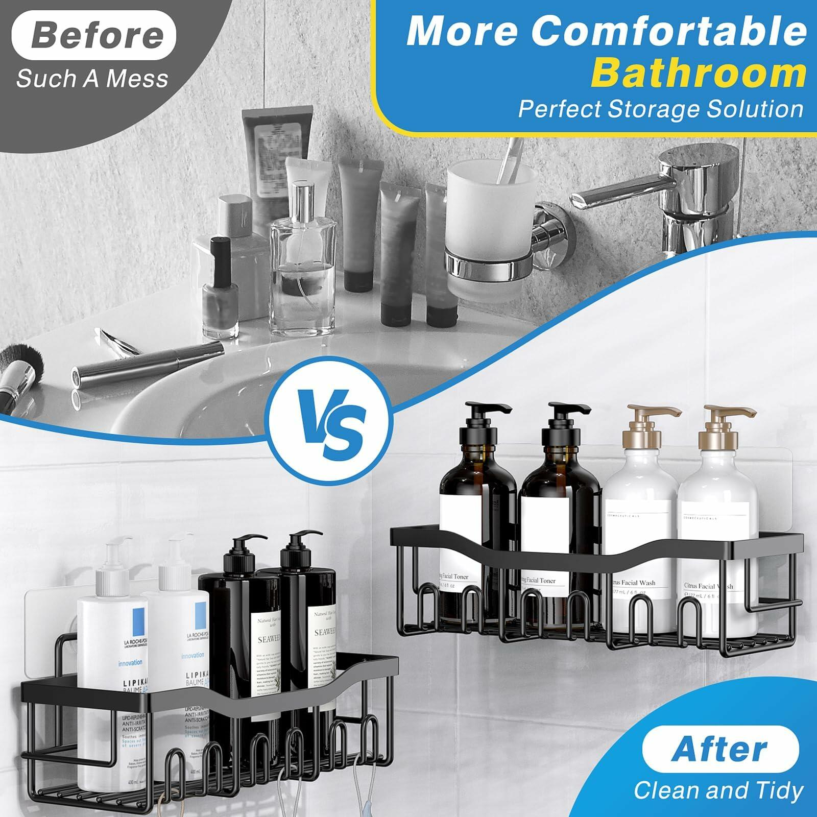 EUDELE Adhesive Shower Caddy 5 Pack Rustproof Stainless Steel XL Black