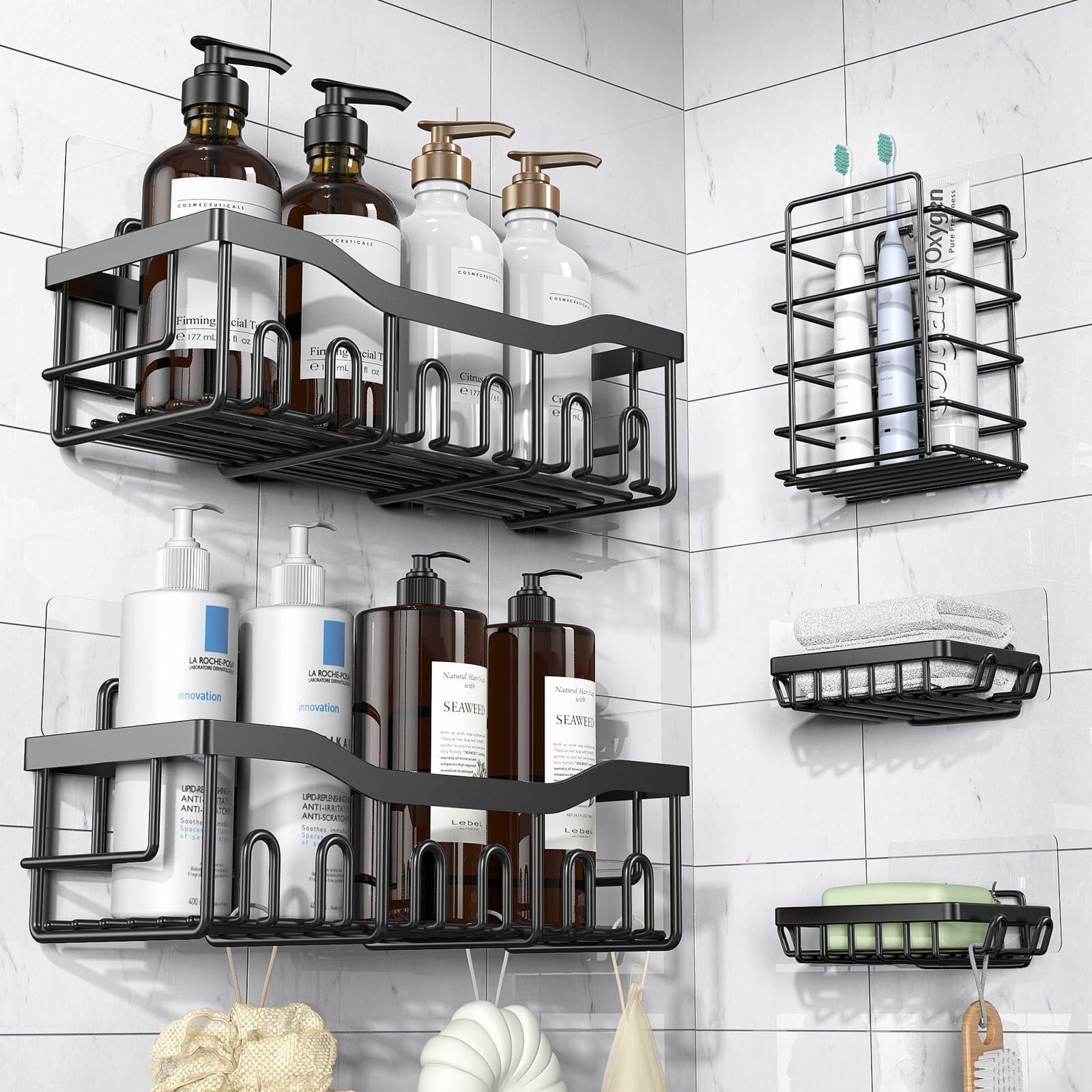 EUDELE Adhesive Shower Caddy 5 Pack Rustproof Stainless Steel XL Black