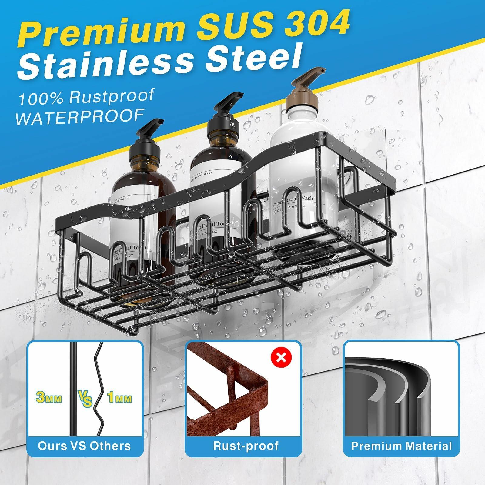 EUDELE Adhesive Shower Caddy 5 Pack Rustproof Stainless Steel XL Black
