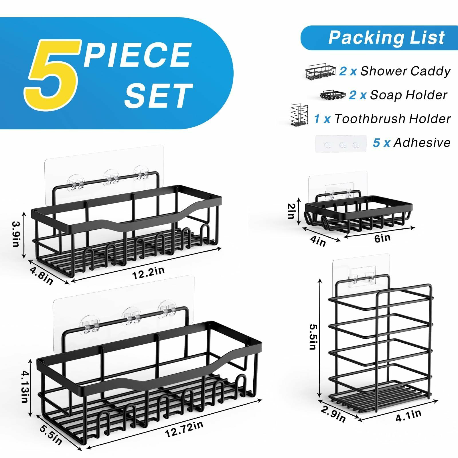 EUDELE Adhesive Shower Caddy 5 Pack Rustproof Stainless Steel XL Black