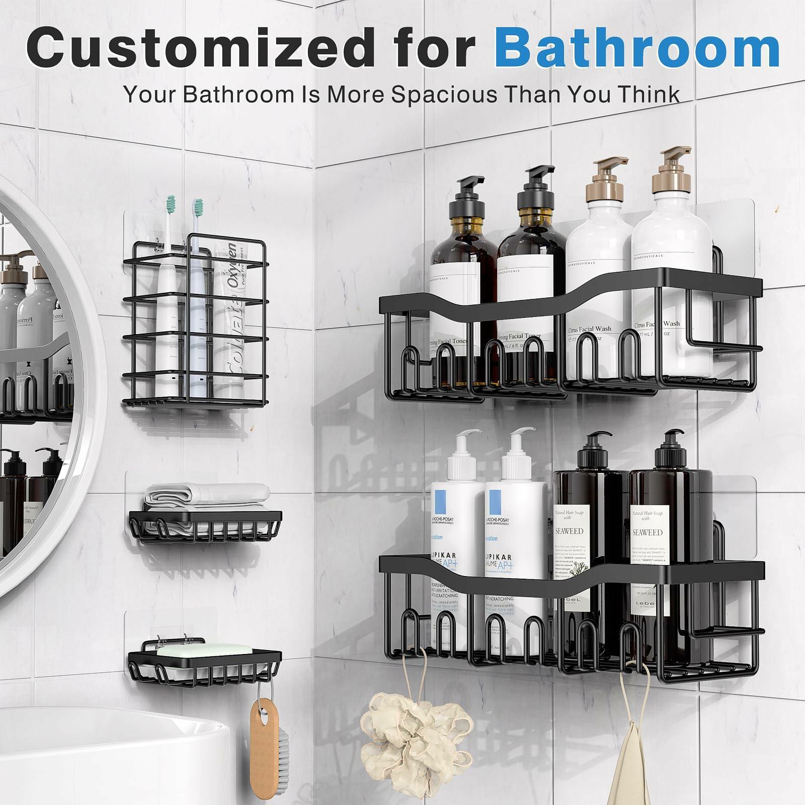 EUDELE Adhesive Shower Caddy 5 Pack Rustproof Stainless Steel XL Black