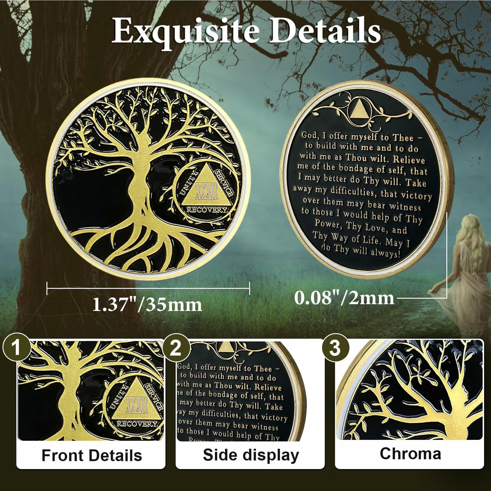 32 Year Sobriety Coin Gold Tree of Life AA NA Recovery Chip Token