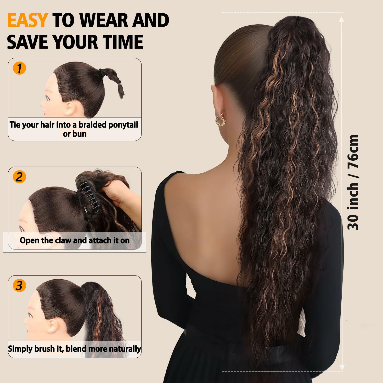 30” Ponytail Extension Soft Wavy Claw Clip Synthetic Dark Brown Honey Blonde