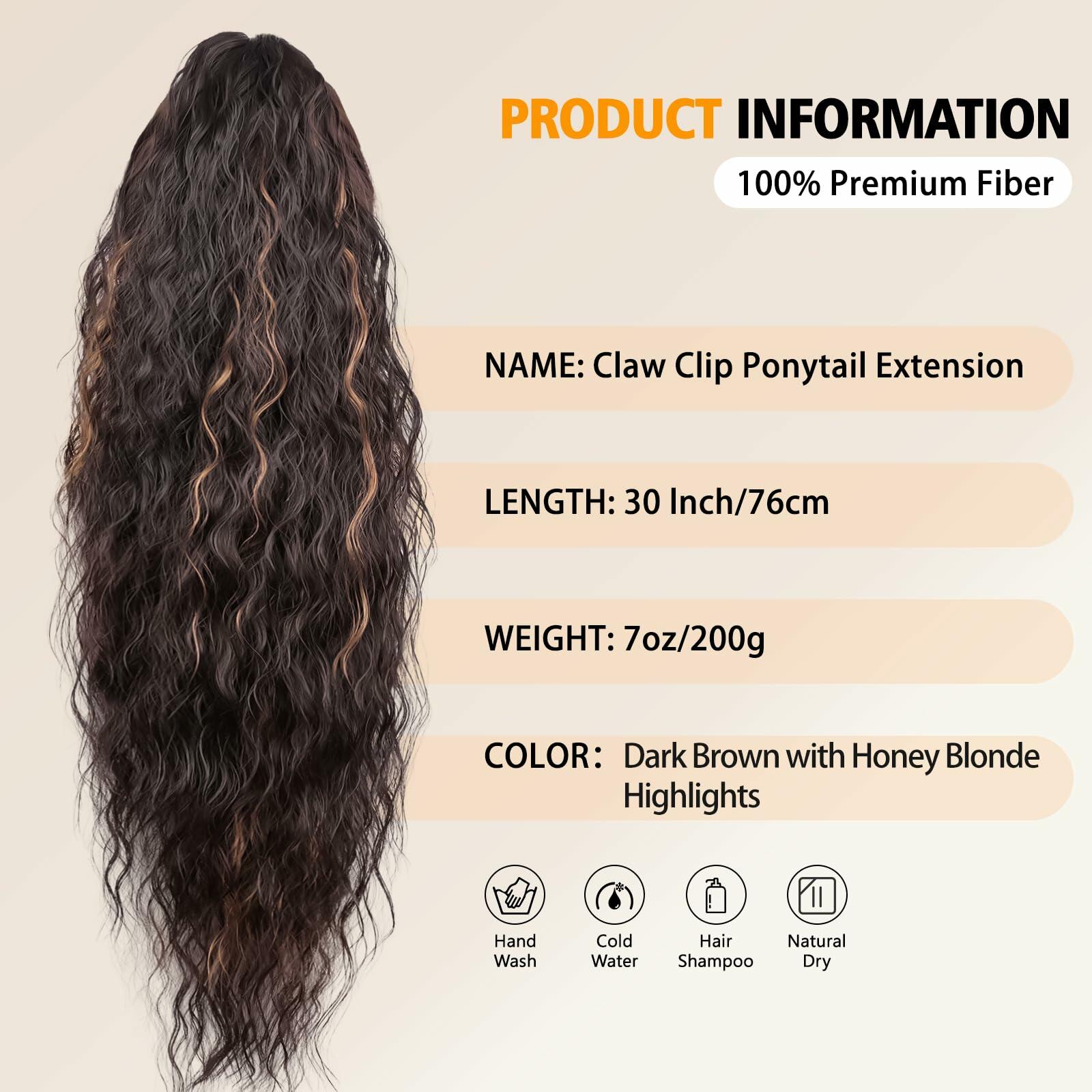 30” Ponytail Extension Soft Wavy Claw Clip Synthetic Dark Brown Honey Blonde