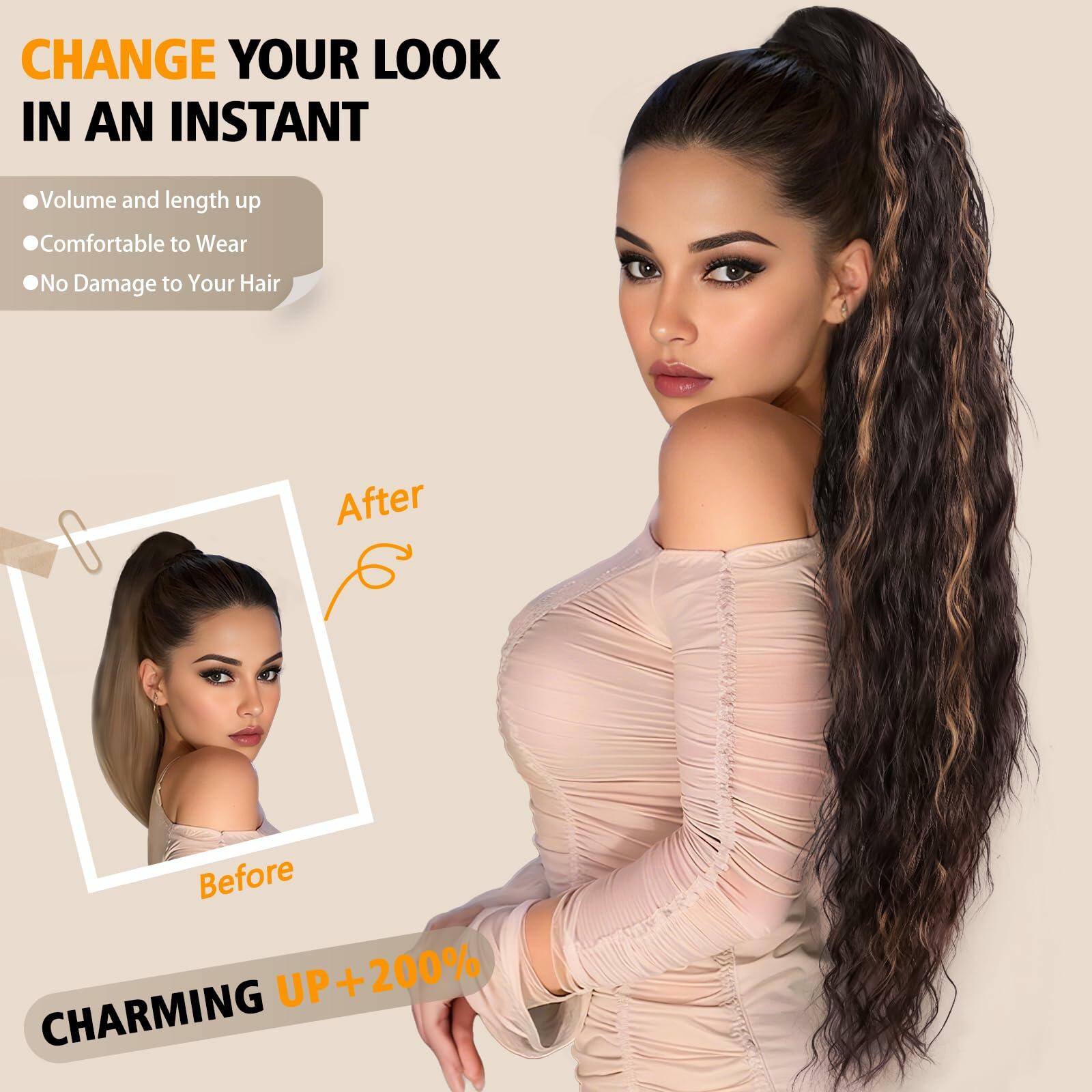 30” Ponytail Extension Soft Wavy Claw Clip Synthetic Dark Brown Honey Blonde