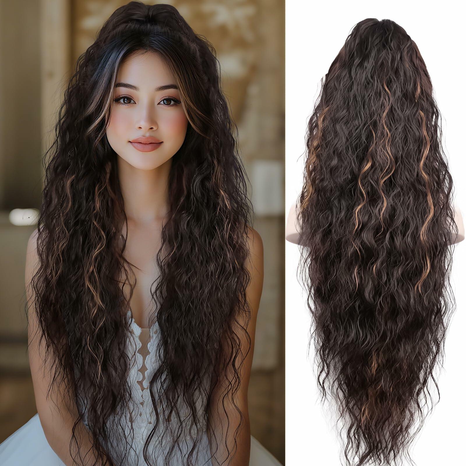 30” Ponytail Extension Soft Wavy Claw Clip Synthetic Dark Brown Honey Blonde