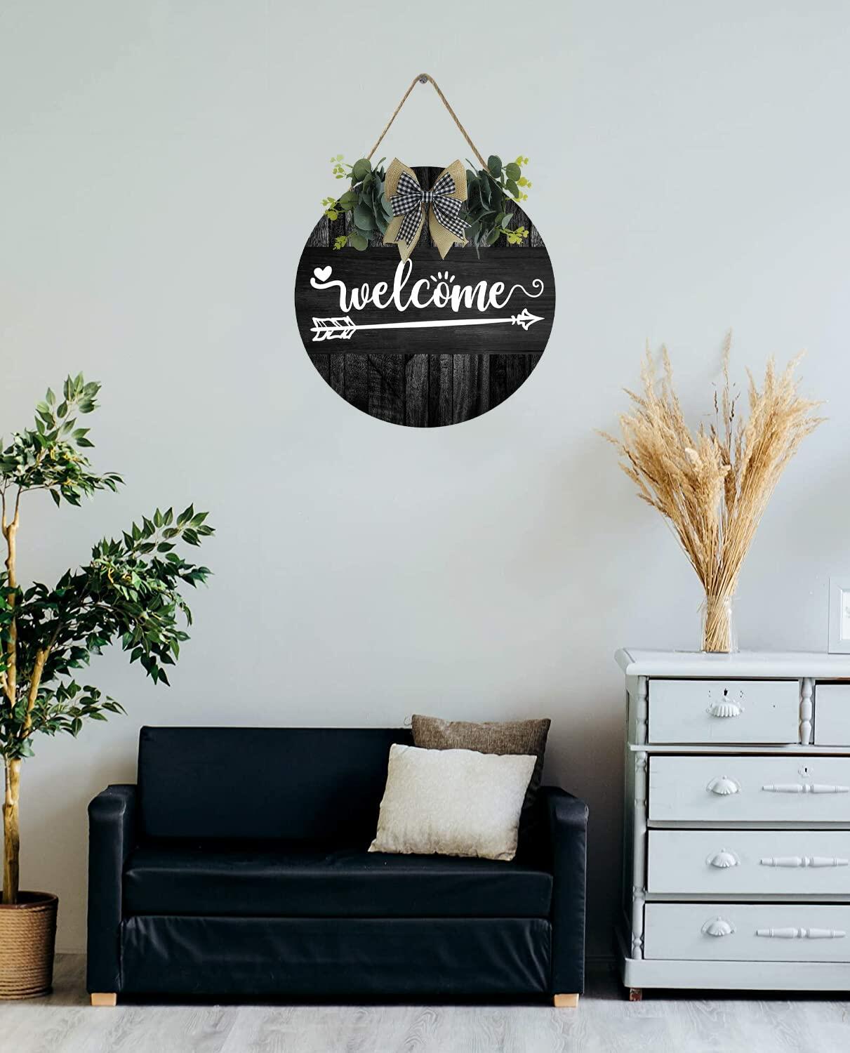 Welcome Sign Round Wooden Farmhouse Wreath Wall Decor 12x12 Inch