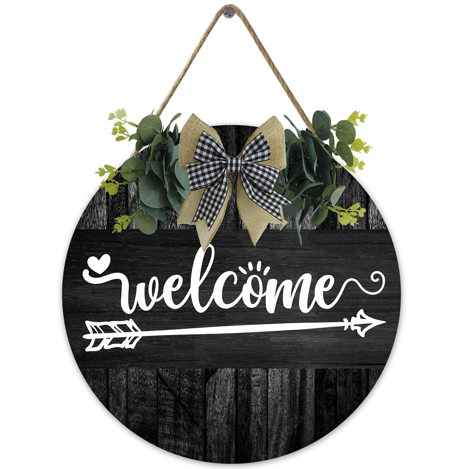 Welcome Sign Round Wooden Farmhouse Wreath Wall Decor 12x12 Inch