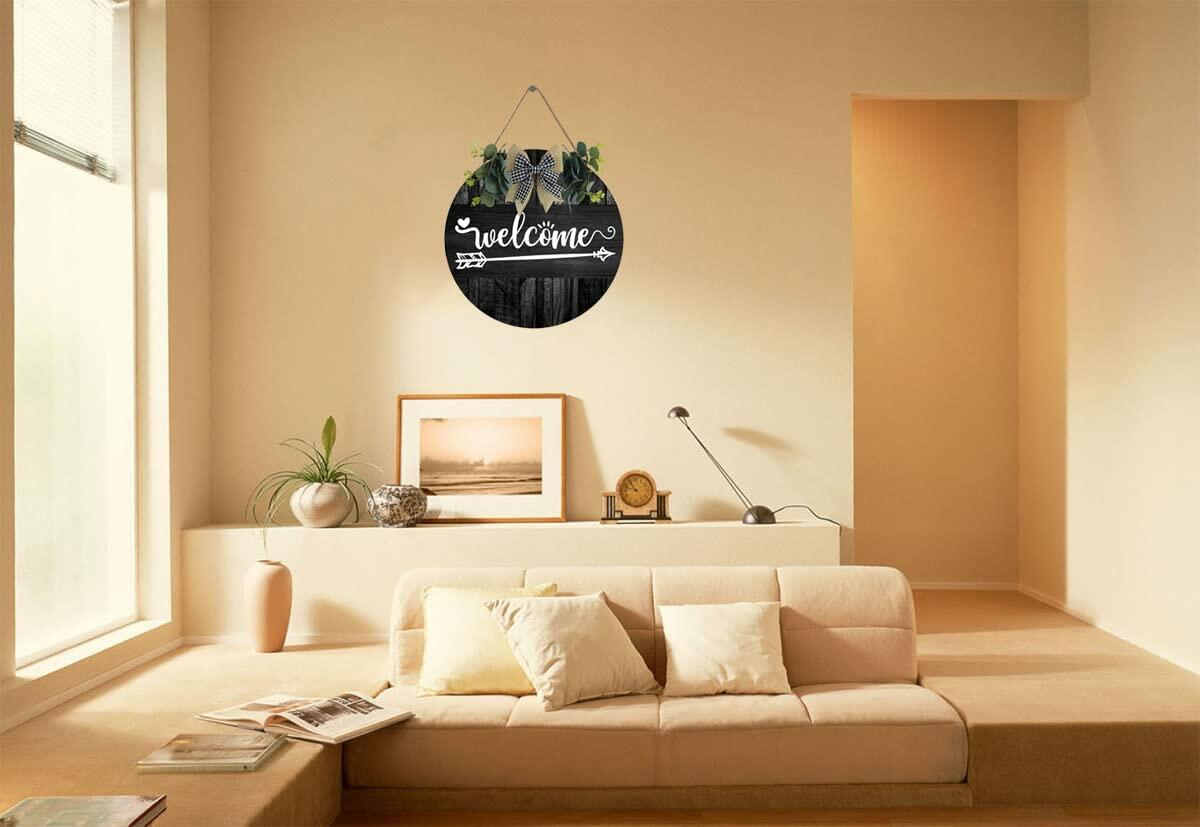 Welcome Sign Round Wooden Farmhouse Wreath Wall Decor 12x12 Inch