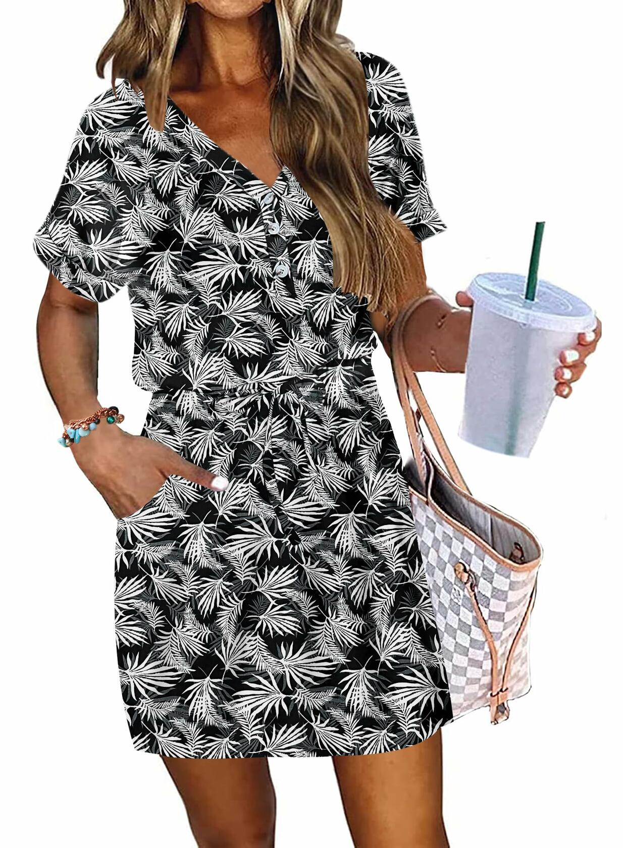 AUSELILY Women V Neck Summer Swing Dress Short Sleeve Pockets Leaf 2XL