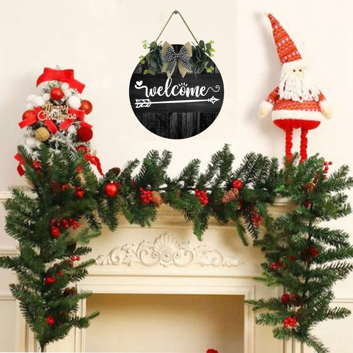 Welcome Sign Round Wooden Farmhouse Wreath Wall Decor 12x12 Inch