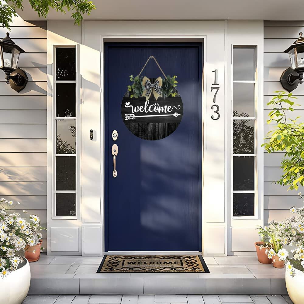 Welcome Sign Round Wooden Farmhouse Wreath Wall Decor 12x12 Inch