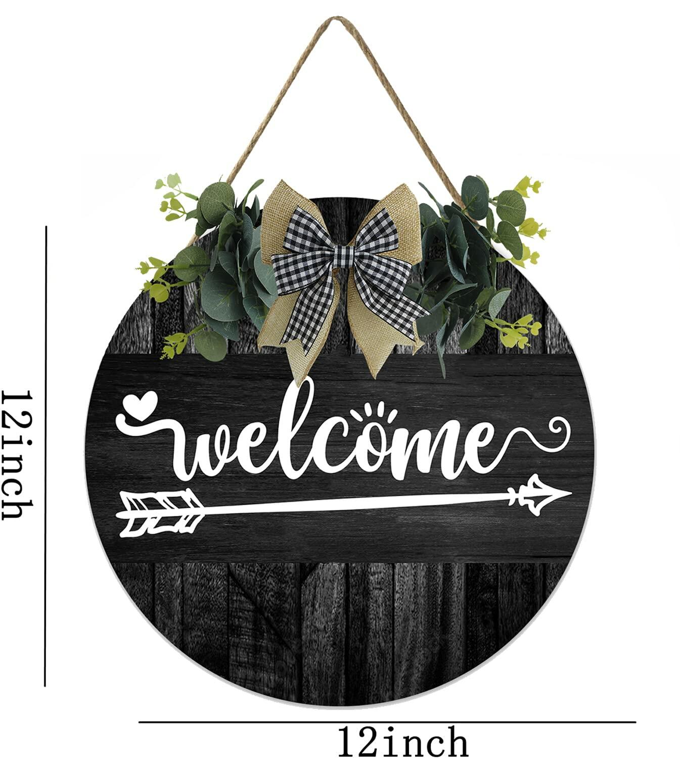 Welcome Sign Round Wooden Farmhouse Wreath Wall Decor 12x12 Inch
