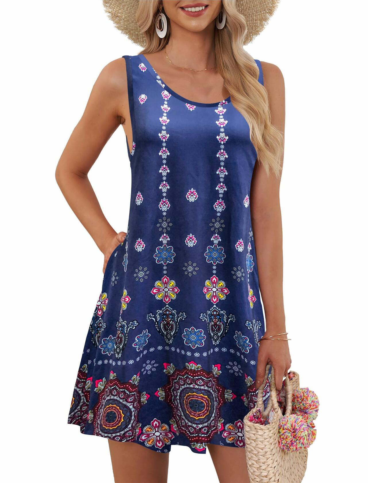 AUSELILY Women Sleeveless Floral Mini Dress Boho Pockets Red XL