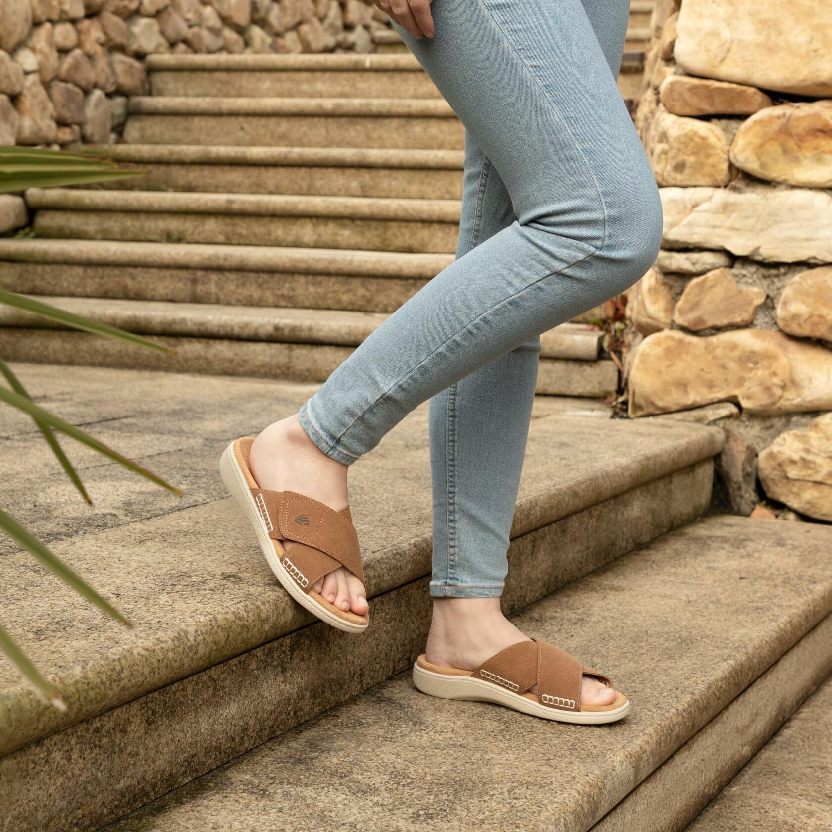 LazyStep Women Adjustable Cross Slide Sandals Orthotic Arch Support Tan 7