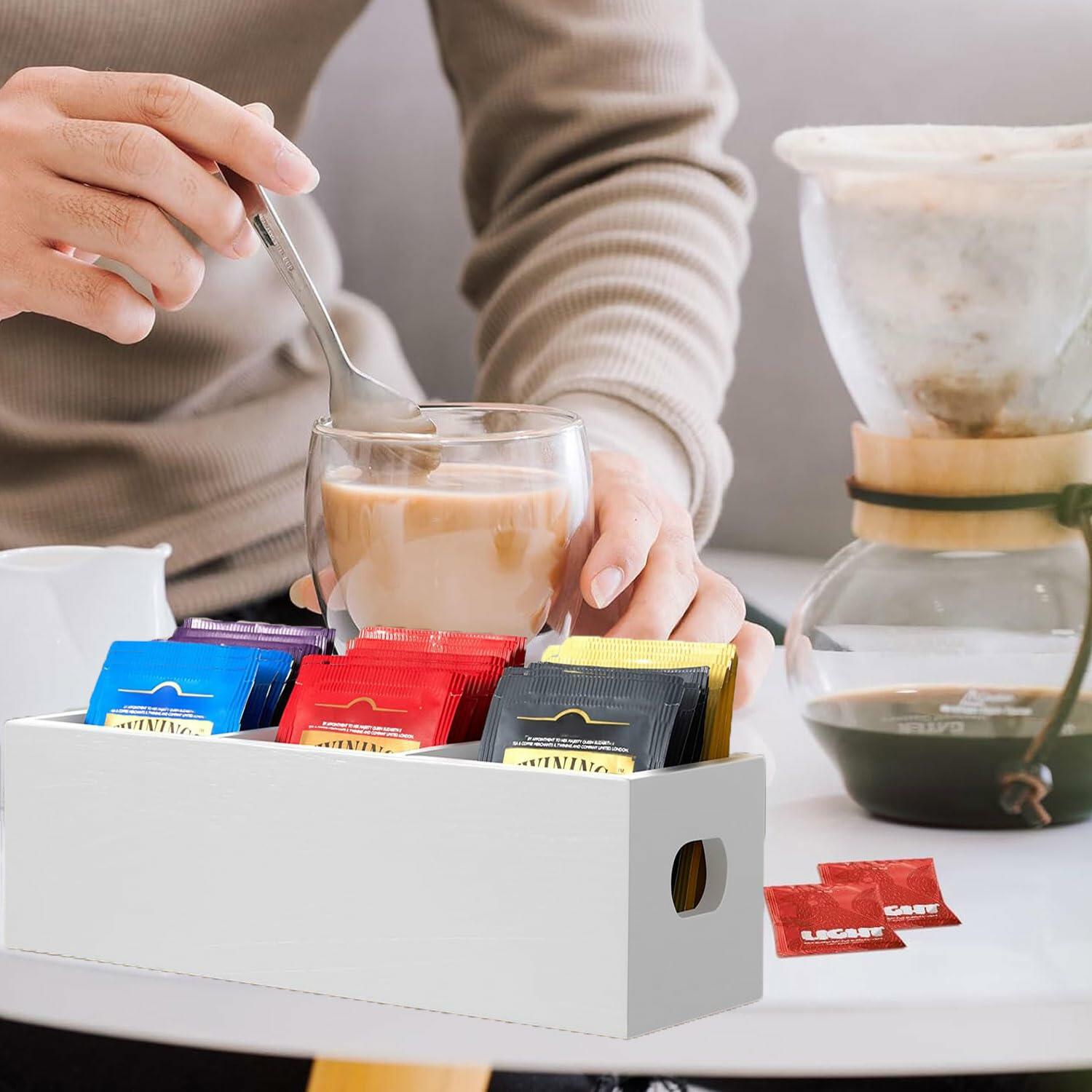 Wooden Tea Bag Organizer 3 Compartment Tea Caddy Sugar Packet Holder White