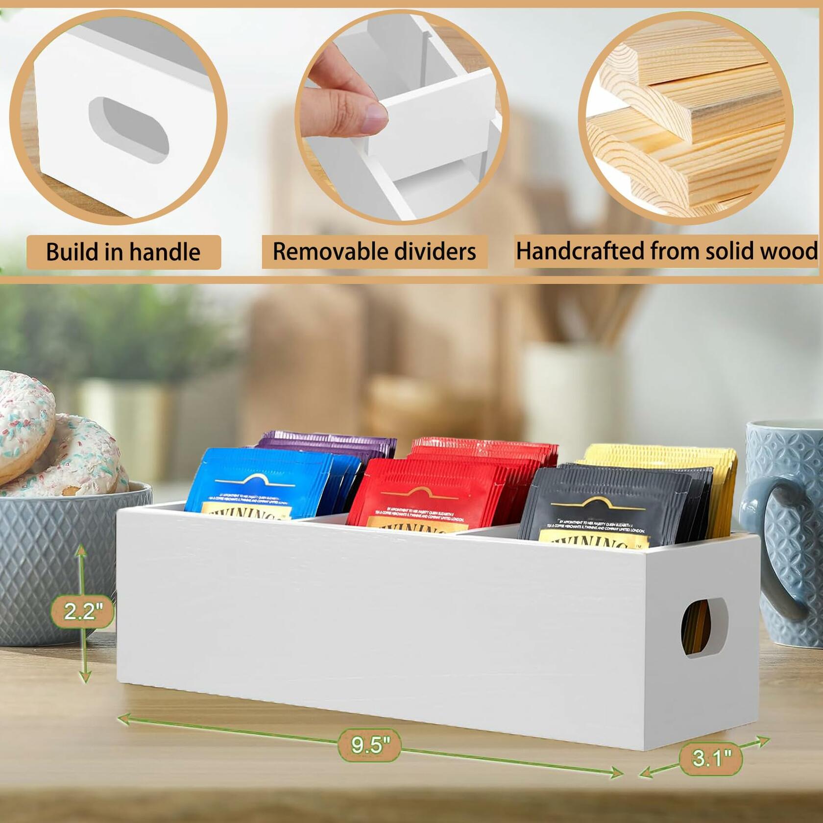 Wooden Tea Bag Organizer 3 Compartment Tea Caddy Sugar Packet Holder White