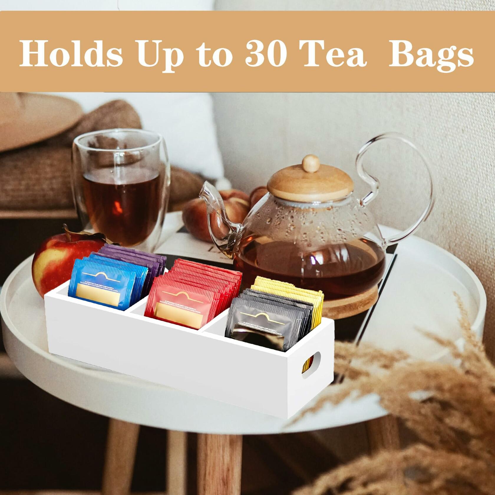 Wooden Tea Bag Organizer 3 Compartment Tea Caddy Sugar Packet Holder White