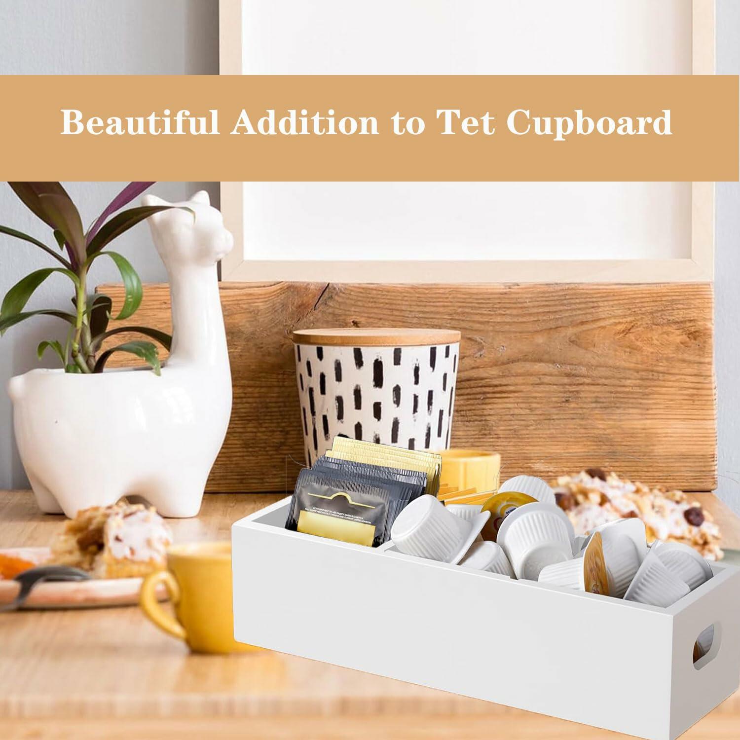 Wooden Tea Bag Organizer 3 Compartment Tea Caddy Sugar Packet Holder White