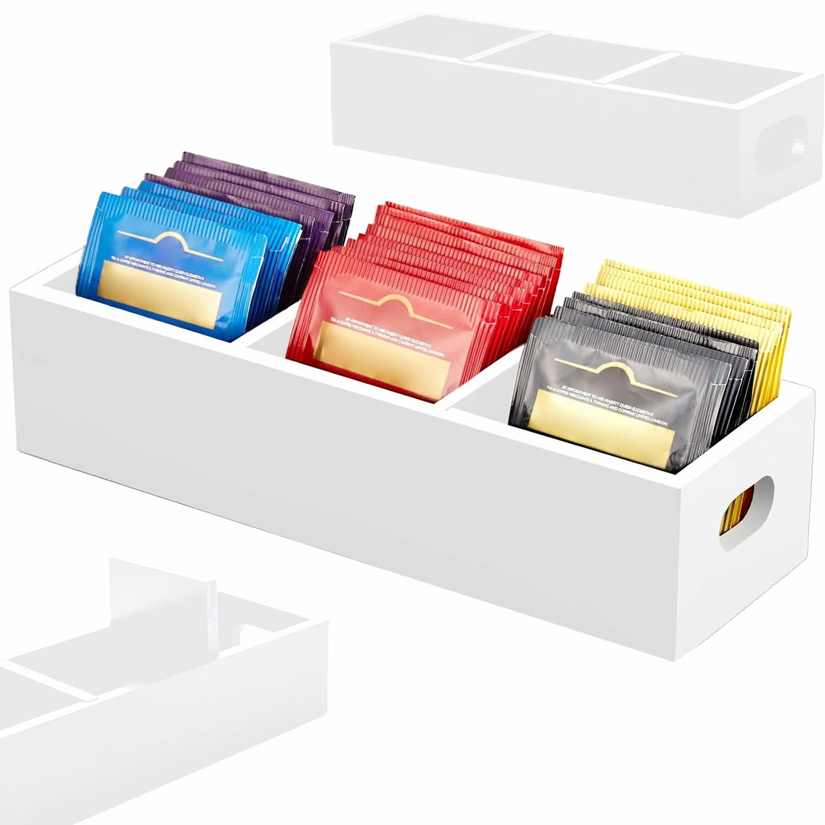 Wooden Tea Bag Organizer 3 Compartment Tea Caddy Sugar Packet Holder White